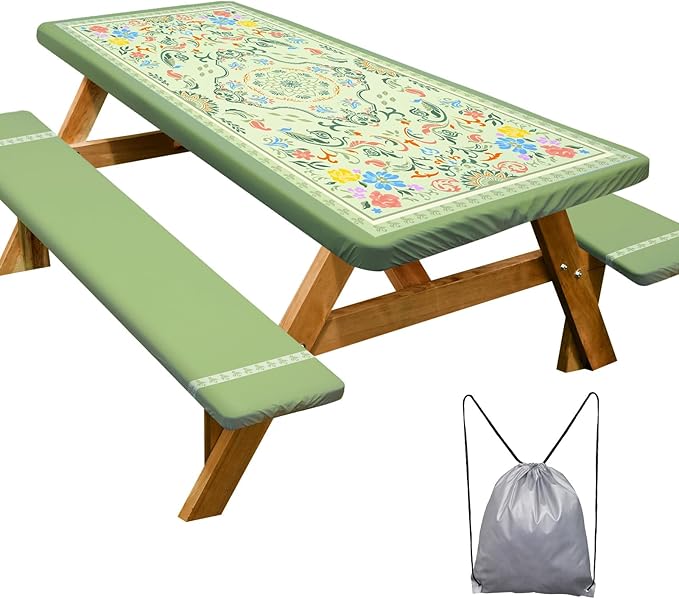 Play Tailor Picnic Table Cover with Bench Covers Camping Essentials Waterproof Windproof Camping Tablecloth with Drawstring Bag, Fitted Rectangle Tables and Seats, 72in, Green with Colorful Flowers