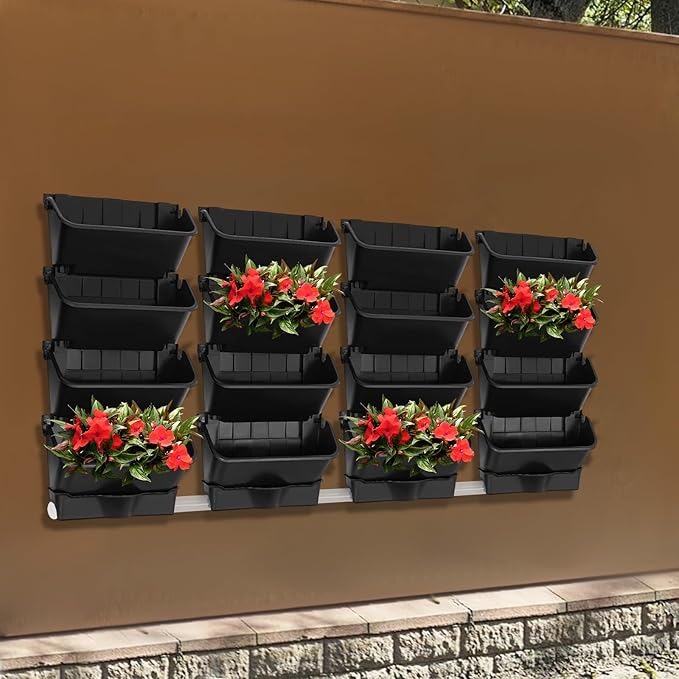 Vertical Wall Planter with 16 Pots, Hanging Garden Plant Flowerpot Holder, Stackable Wall-Mounted Planter, Balcony Planters for Flowers Vegetables Fruits (Black, 16 Pots+4 Drainage Planters&Pipe)