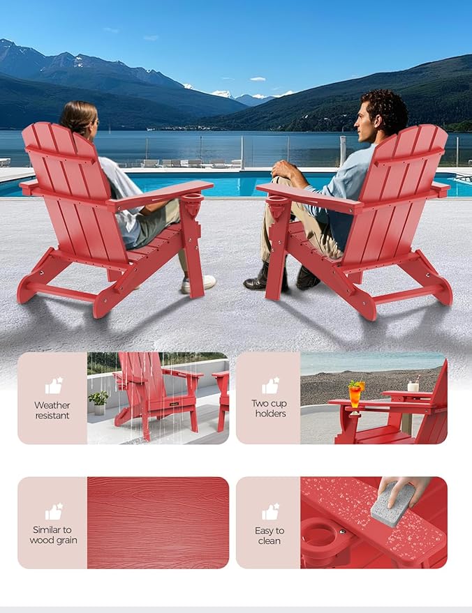 Folding Adirondack Chair, Wooden Textured Plastic Adirondack Chairs with 2 Cup Holder, Weather Resistant HDPE Fire Pit Chair, Outdoor Patio Chairs for Garden, Backyard, Lawn, Deck, 380LBS, Red