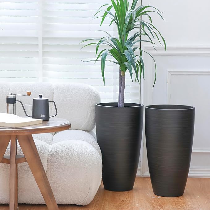 Tall Round Planter 2Pack-11.8"W*21"H Dark Wooden Grain Finish Flower Pots Indoor Decorative Container Garden Patio Outdoor Indoor Plants Unbreakable Resin With Drainage Hole&Movable Insert Shelf