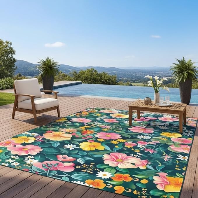 Spring Summer Garden Floral Theme Outdoor Rug for Balcony Patio Deck Porch Backyard Green Leaves Pink Yellow Flowers Area Rugs 3x5 Modern Multicolor Flowers Texture Outside Carpet Camping Mat