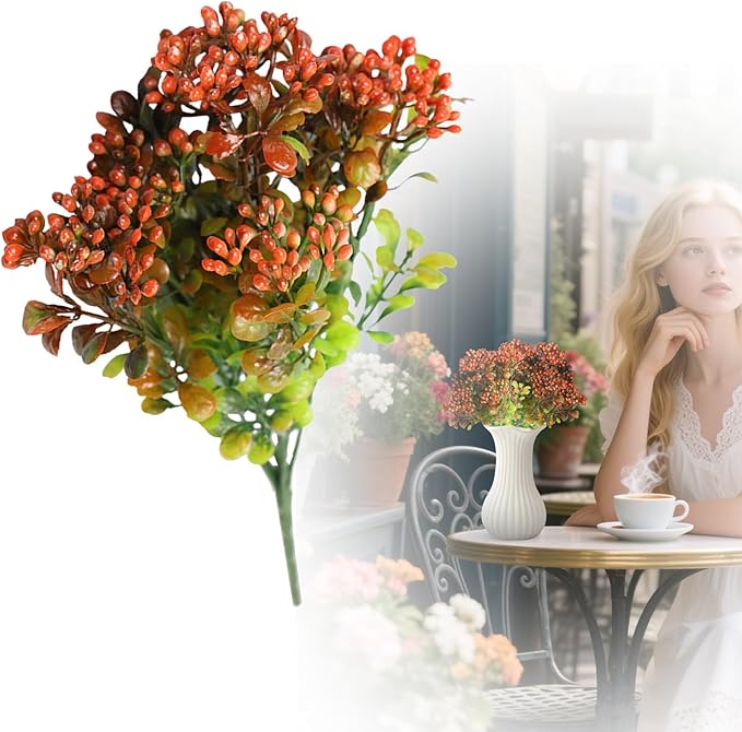 ‌Artificial Fall Berries & Flowers - Lifelike Faux Plants with Mini Red Berries, UV Resistant Fake Greenery for Outdoors,Thanksgiving Decor, Porch & Home Decor, Farmhouse Autumn Décor (Red)