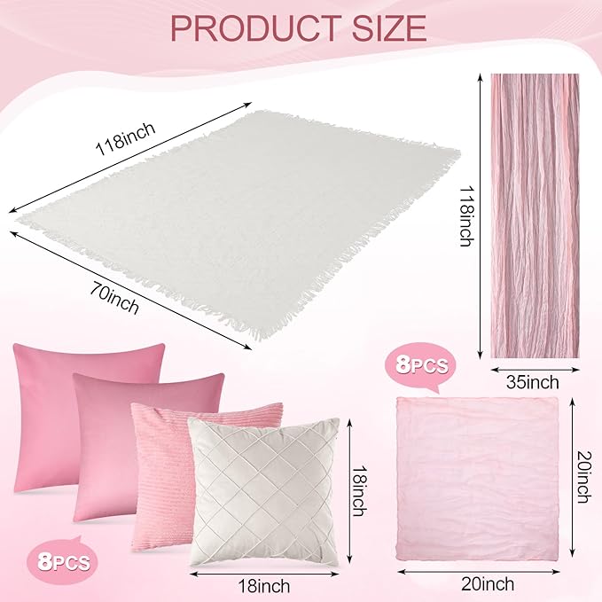 118 x 71" Extra Large Outdoor White Picnic Blankets with Pink Tulle Table Runner Cheesecloth Napkins Plush Throw Pillow Covers Oversize Beach Blanket Essentials for Wedding Picnic Camp(Classic,18)