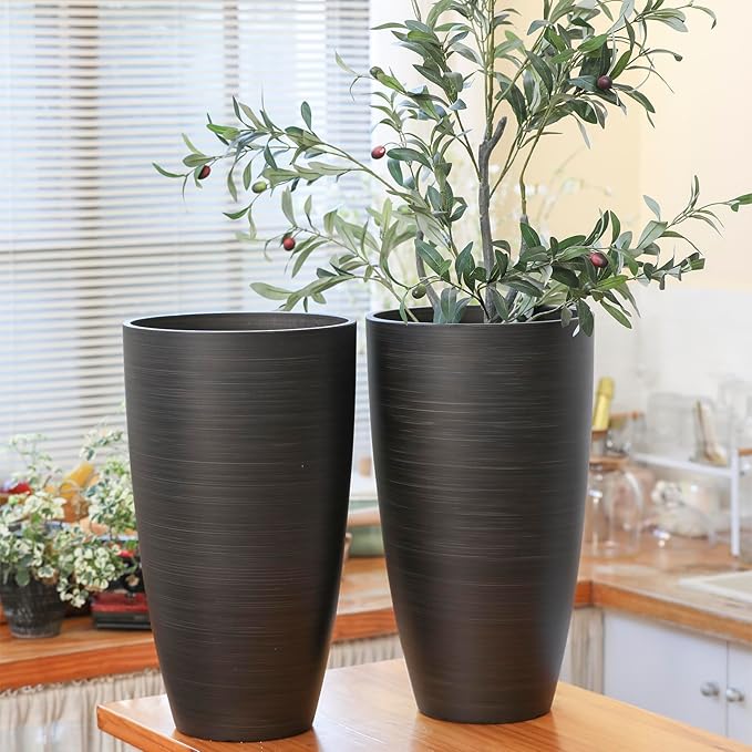 Tall Round Planter 2Pack-11.8"W*21"H Dark Wooden Grain Finish Flower Pots Indoor Decorative Container Garden Patio Outdoor Indoor Plants Unbreakable Resin With Drainage Hole&Movable Insert Shelf