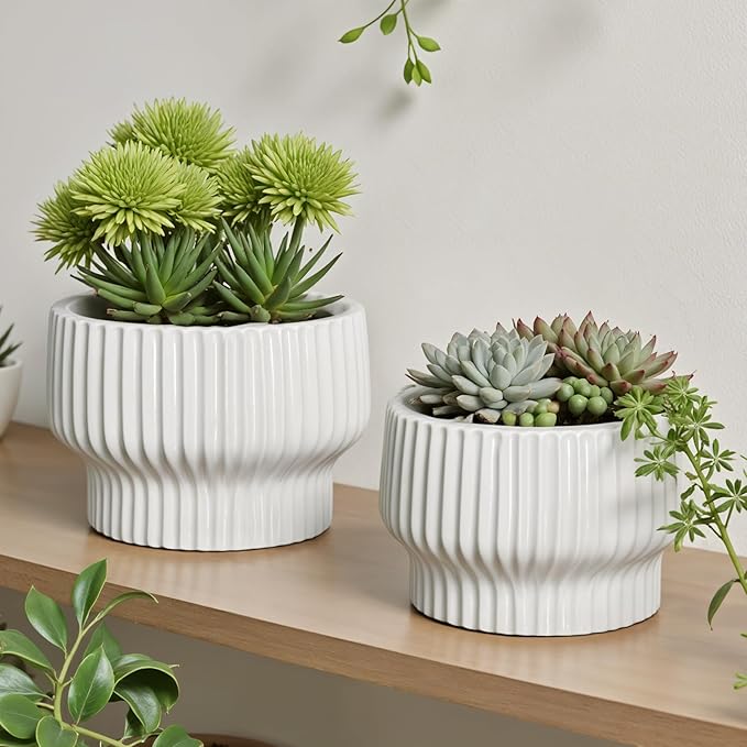 OXART Ceramic Pots for Plants, 7.7 Inch Round Plant Pot with Drainage Hole, Modern Outdoor Flower Pots Home Garden Decorative Planters for House Plants Indoor Planters (White)