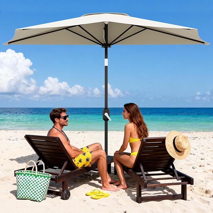 Garvee Patio Umbrella 9FT - Half Umbrella Outdoor with Smooth Crank Lift, Outdoor Shade Canopy for Patio, Backyard, Garden, Deck, Balcony -Beige