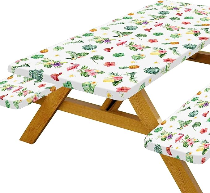 Picnic Table Cover with Bench Covers and Bag, Summer Outdoor Waterproof Windproof Tablecloth with Elastic Edges, Camping Accessories RV Gear Campers 96x30 Inches 4 Pcs Set, White