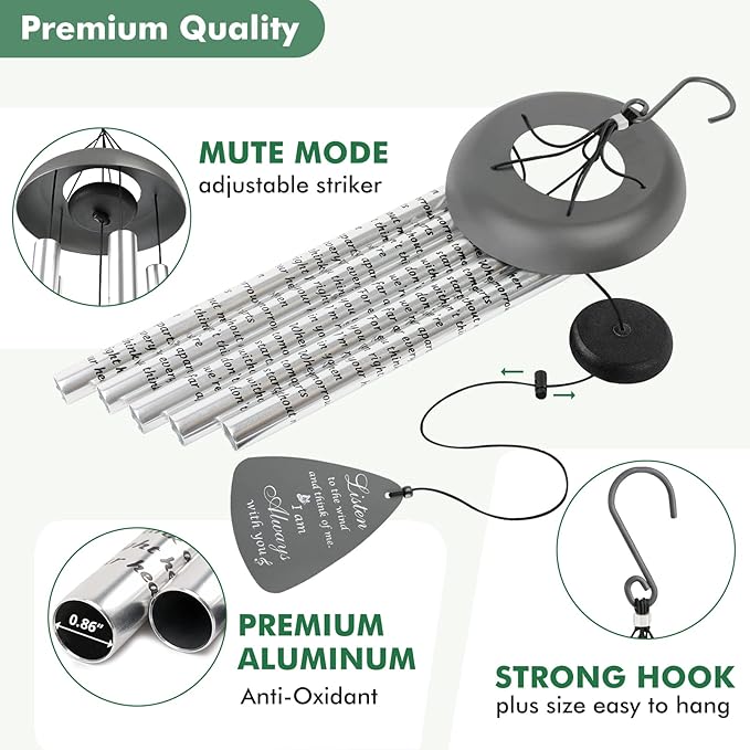 Sympathy Gift Wind Chimes for Outside - 36'' Large Memorial Gifts for Loss of Mother/Mom/Father/Dad, Bereavement Gift Ideas Windchimes Outdoors in Memory of Loved One, Condolence Remembrance, Gray