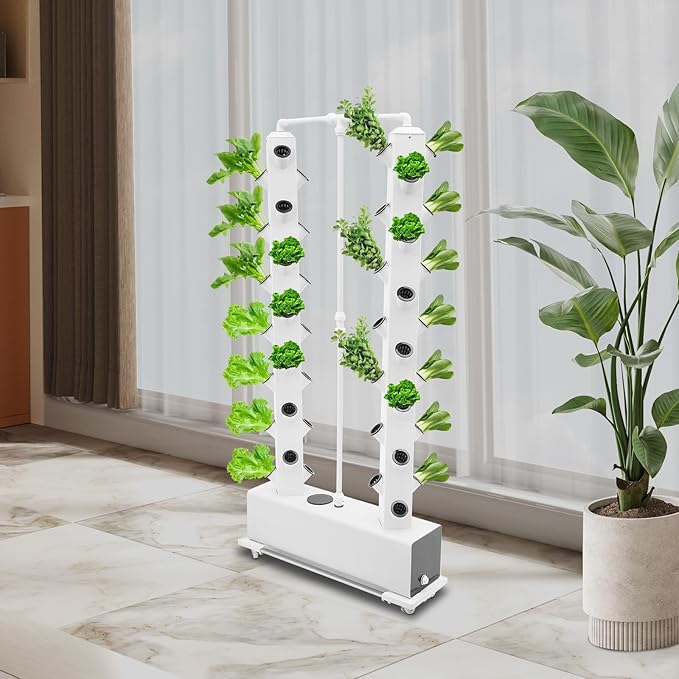 Hydroponic Growing System, 56-Plant Hydroponic Tower Outdoor Indoor Garden Vertical Planter Germination Kit with Water Pump, Intelligent Water Circulation & Timer Function for Gardening Lover (White)