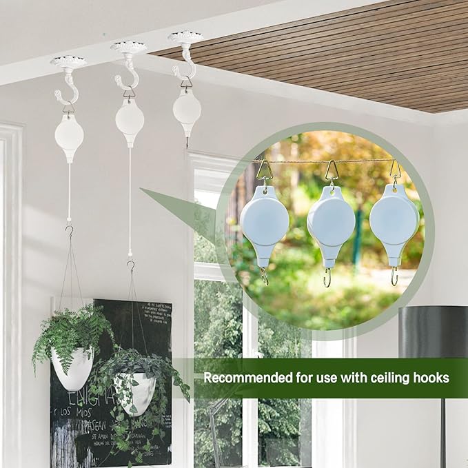 Sungmor Plant Pulleys 3PC White Adjustable Plant Hangers, Indoor Outdoor Retractable Hanging Plant Hook, Telescopic Higher Lower Easy Reach Ceiling Hooks for Hanging Flower Basket Planter Bird Feeder