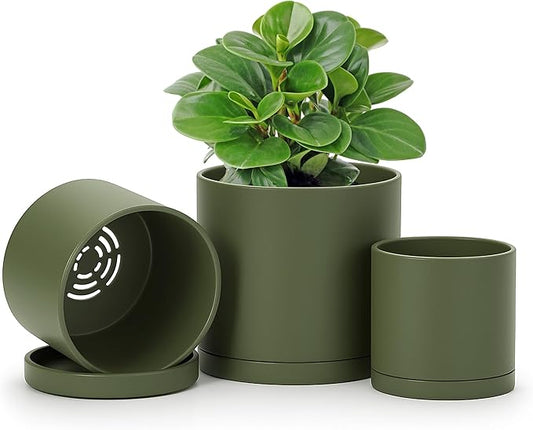 D'vine Dev 4 Inch 5 Inch 6 Inch, Set of 3 Plastic Planter Pots for Plants with Drainage Hole and Seamless Saucers, Olive, Small, 74-V-I-1