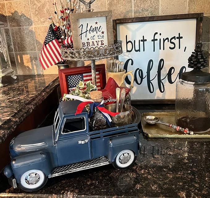 Farmhouse Blue Truck Decor, Vintage Metal Truck Table Decor, Decorative Farm Tabletop Storage & Garden Pickup Trucks Planter, Fall Coffee Desk Centerpiece & Car Model Gifts