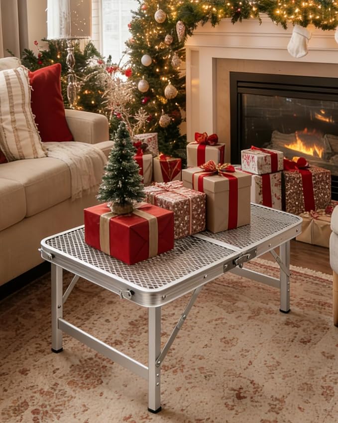Small 2ft Folding Table with Carry Handle, Adjustable Height 10.6" or 22", Silver Metal Mesh, Portable & Compact Indoor/Apartment/Card/Side/Grill Table, 23.6"Lx15.8"W, Lightweight 4 lb, 66 lb Capacity