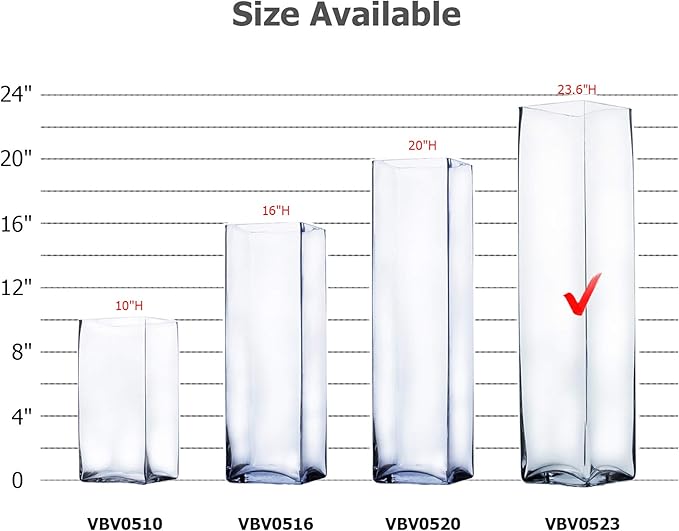 WGV Tall Square Vase Glass Block, Length 5", Height 23.5", Clear Large Floral Plant Container, Fish Tank, Planter Terrarium for Wedding Party Event, Home Office Decor, 1 Piece