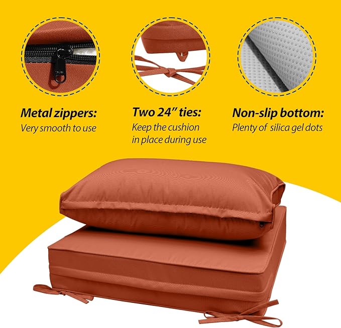 AAAAAcessories Outdoor Deep Seat Cushions, Waterproof, Fade-Resistant Patio Furniture Replacement Cushions, 24" x 24" x 5" + 24" x 13.5", Set of 2, Rust