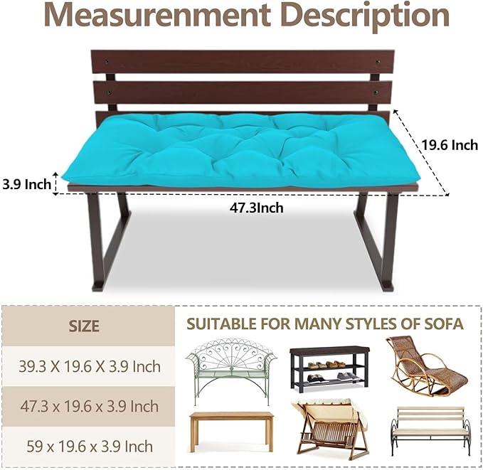 47.3 in Waterproof Indoor/Outdoor Garden Bench Seat Cushions，Thicken Patio Bench Soft Rocking Chairs Pad Lounger Seat for Wicker Loveseat Settee（47.3 X 19.6 X 3.9 in Turquoise）