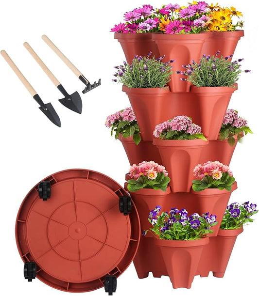 GameXcel Vertical Planter 5 Tier Stackable Planters Garden Planters Strawberry Herb Flower and Vegetable Planter Indoor Outdoor Gardening Pots with Removable Wheels and Tools