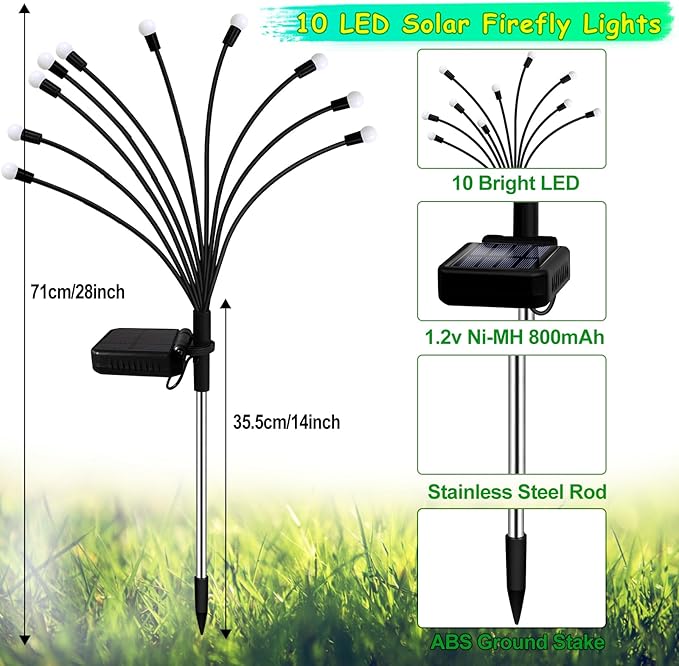Kohlrabi Solar Halloween Lights Outdoor, 2 Pack 20 LED Solar Green Firefly Lights, Waterproof Wind Swaying Light for St. Patrick's Day Irish Day Outside Yard Patio Decoration