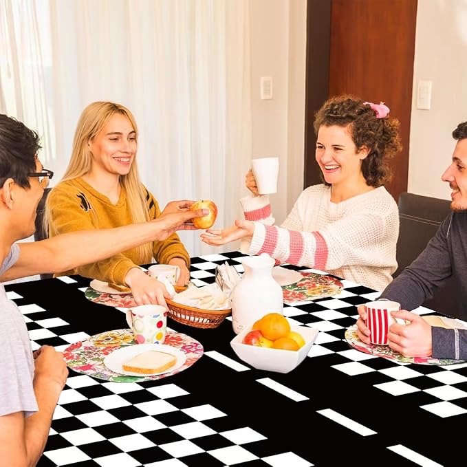 3 Pieces Race Car Checkered Tablecloth - 54x108 Disposable Black and White Motor Racing Themed Plastic Table Cover for Birthday Decorations for Kids and Adults, Race Car Birthday Party Supplies