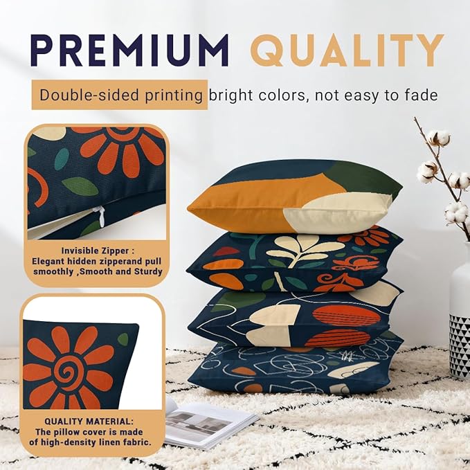 Abstract Pillow Covers 18x18 inch Set of 4, Modern Geometric Line Art Orange Green Blue Cushion Case Outdoor Sofa Throw Pillows Cover Garden Pillow Covers for Couch Living Room Bed Indoors Home Decor