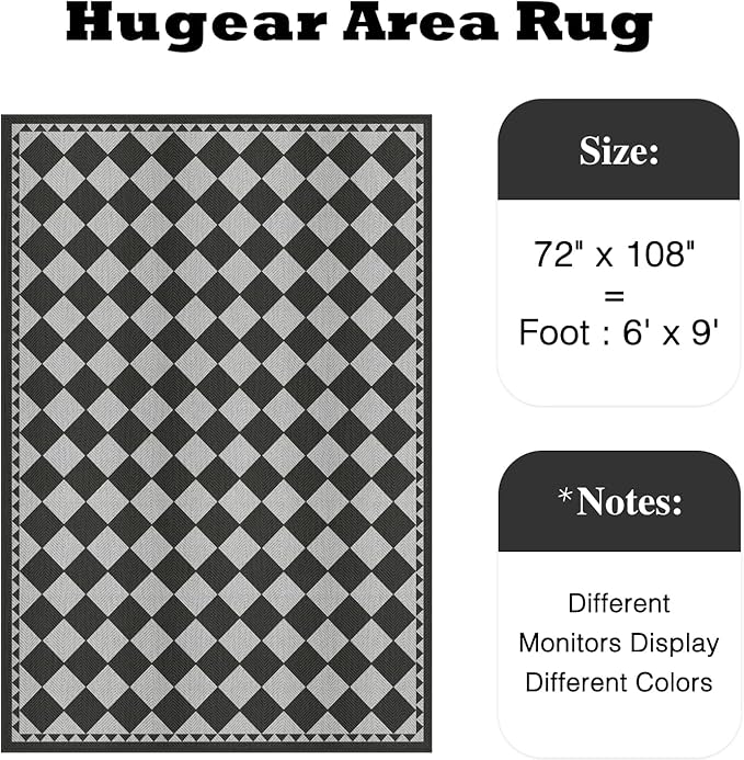 HUGEAR 6x9 Outdoor Rug Black/Grey Linen-Look Fabric Checkered Area Rug High Traffic Stain Resistant Easy Clean Durable Rugs for Indoor/Outdoor Patio Deck Balcony Porch Garden Courtyard