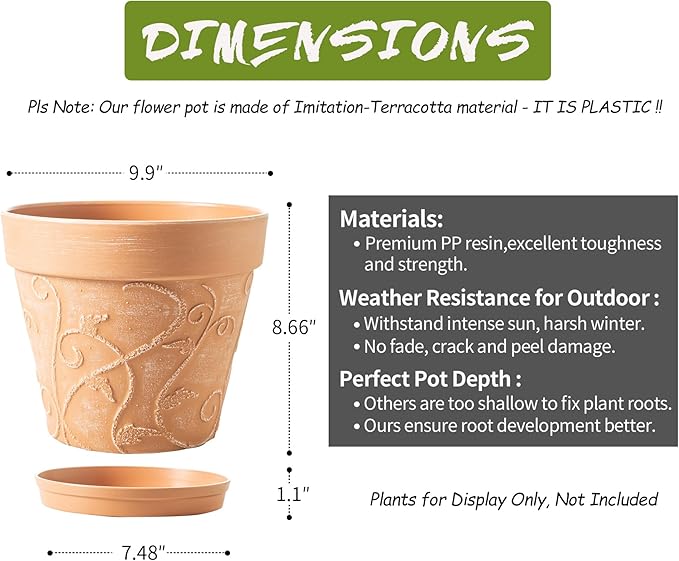 Melphoe Plant Pots Indoor with Drainage & Saucer, 2Pack 10 inch Flower Pots Outdoor Planters for Indoor Plants Garden Home Decor Cactus Succulent, Rigid Plastic (Imitation-Terracotta) Vine-Embossed