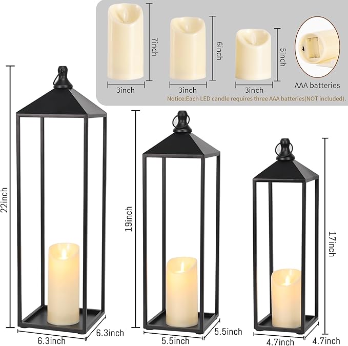 22'' 19'' 17'' Lanterns Decorative Outdoor Indoor, Set of 3 Black Metal Candle Lanterns Christmas Lanterns Modern Farmhouse Floor Lantern Decor for Room, Porch, Mantle, Patio, Garden