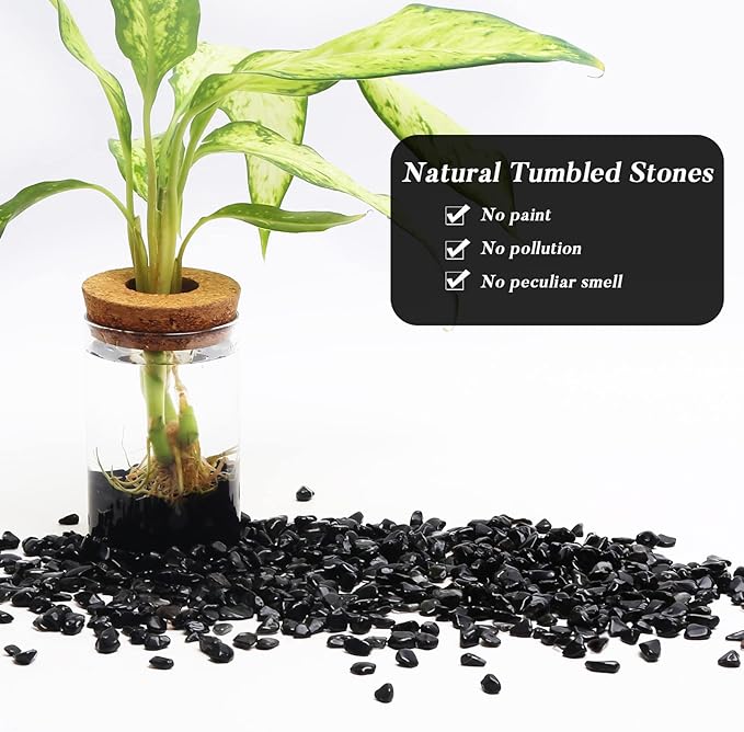 QICQDRAM Black Obsidian Tumbled Stone Chips 0.9 Lb/405g Natural Crystal Stone Decorative Pebbles for Home Decoration & Fish Turtle Tank, Vase Filler, Plants Decor