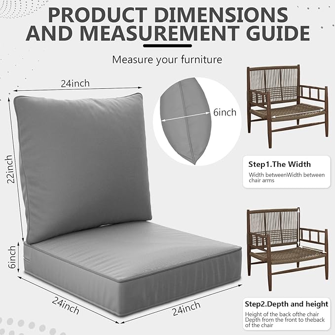 24" x 24" x 6" Outdoor Deep Seat Cushions Set - 6 Set Waterproof & Fade Resistant Patio Furniture Replacement Cushions, Non-Slip Outdoor Cushions Fit Loveseats, Couches, Chairs, and Sofas.