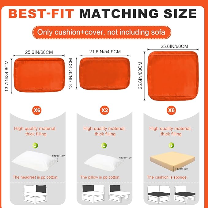 Patio Sectional Cushions, 14-Piece Replacement Cushions for Outdoor Furniture, Water-Resistant Outdoor Sofa Cushion for 6-Seat Rattan Wicker Sectional Conversation Sets (Orange)