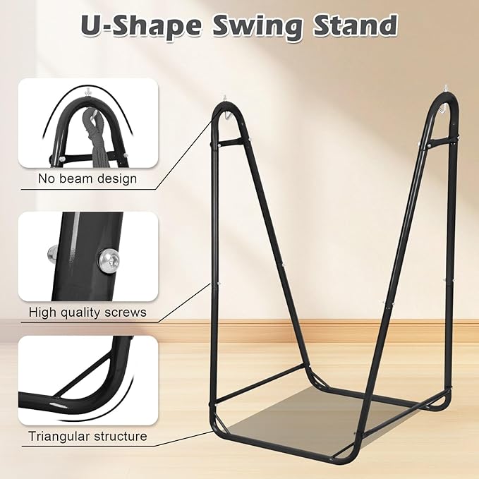 Hammock Chair with U Shape Stand, Cotton Swing Chair with Side Pocket, Heavy-Duty Metal Frame with Hanging Seat, Multi-Functional Swing Stand for Indoor and Outdoor Patio Yard Garden (Black)
