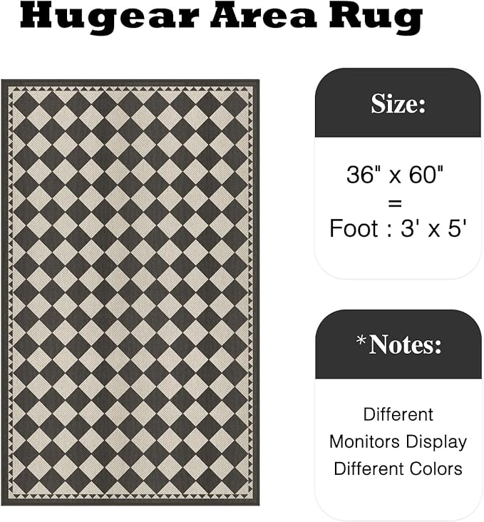 HUGEAR 3x5 Outdoor Rug Black/Beige Linen-Look Fabric Checkered Area Rug High Traffic Stain Resistant Easy Clean Durable Rugs for Indoor/Outdoor Patio Deck Balcony Porch Garden Courtyard