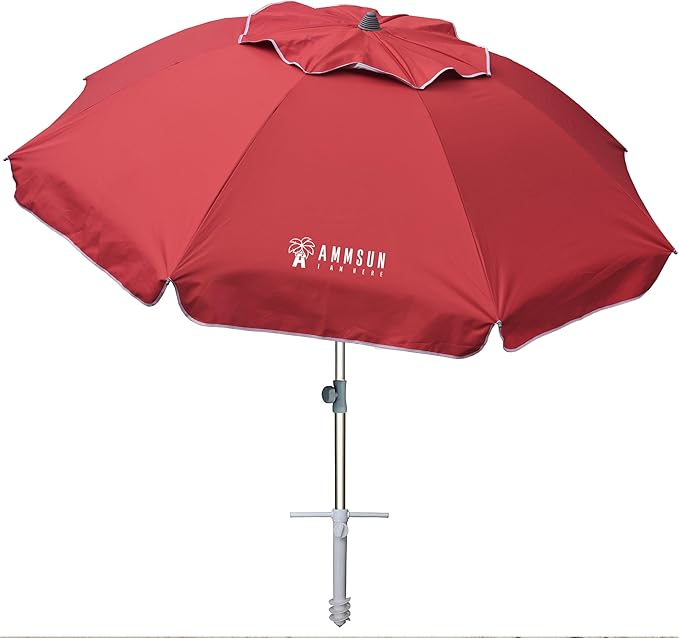 AMMSUN 7ft Heavy Duty High Wind Beach Umbrella Parasols with sand anchor Vent Tilt Sun Shelter, UV 50+ Protection Portable Outdoor Sunshade Umbrellas Carry Bag for Patio Garden Pool Backyard Red