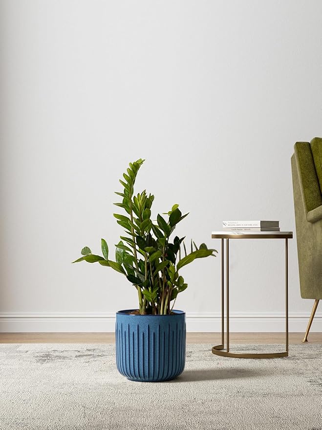 LE TAUCI Fluted Ceramic Plant Pots, 8.3/7/6 Inch Indoor Planters with Drainage Holes & Mesh, Modern Glossy Glaze Cylinder Flower Pot for Snake Plant, Set of 3, Harbor Blue