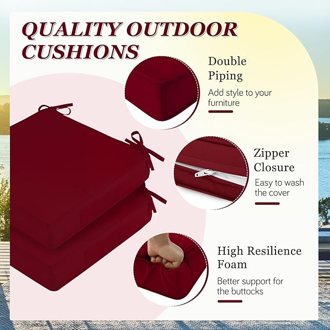 Waterproof Outdoor Chair Cushions Set of 2, Square Outdoor Seat Cushions with Ties and Removable Covers, 22 x 22 Outdoor Cushions for Patio Furniture with Portable Handle(Burgundy)