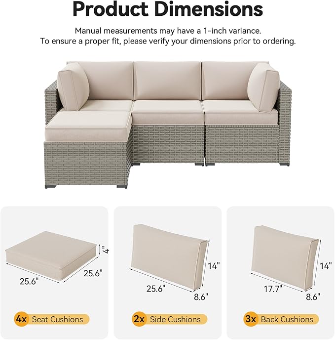 Aoxun Replacement Cushions for Outdoor Furniture, 9-Piece Outdoor Cushions for Patio Furniture, Deep Seat, Splash-Proof & Fade Resistant Couch Cushion for 4-Seat Patio Conversation Sets, Beige