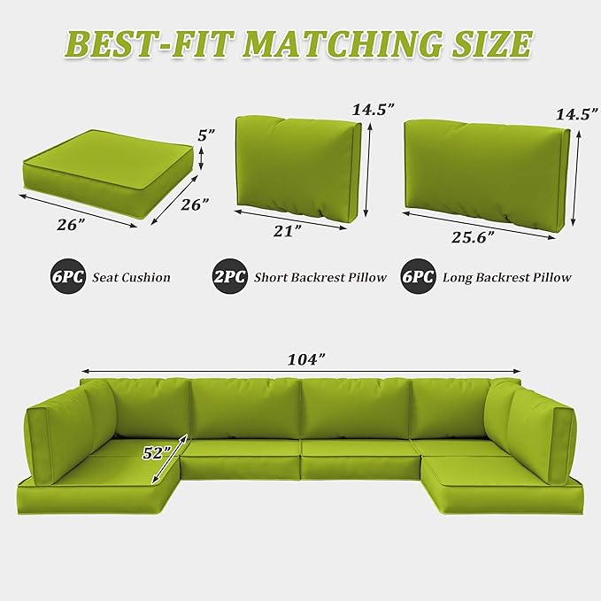 14-Piece Outdoor Cushions for Patio Furniture Thick Outdoor Chair Cushions 5" Foam High-Density Water-Resistant Deep Seat Cushion for 6-Seat Sectional Sets Liner&Cover Grass Green