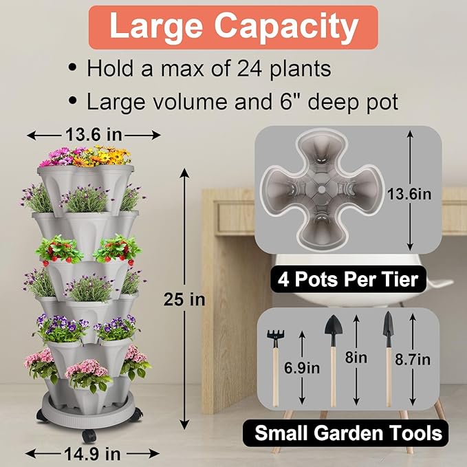 GameXcel Vertical Planter Tower- 6 Tier Stackable Garden Planter with Wheels and Tool Set – Grow Strawberries Herbs Flowers and Vegetables - Indoor Outdoor Use Gray