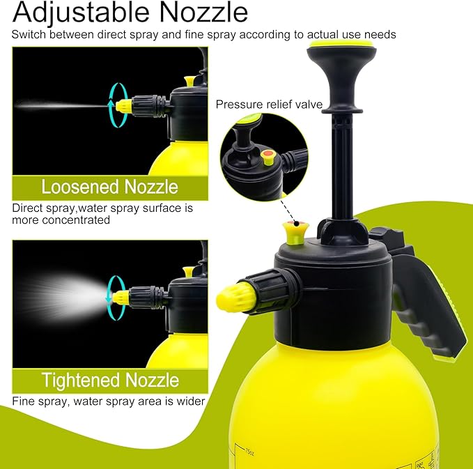 68oz Garden Pump Sprayer, 2L Hand Pressure Sprayer Bottle with Safety Valve, 0.5 Gal Lawn Adjustable Sprayer for Plant Mister Spraying Weeds Home Cleaning Watering (Yellow)