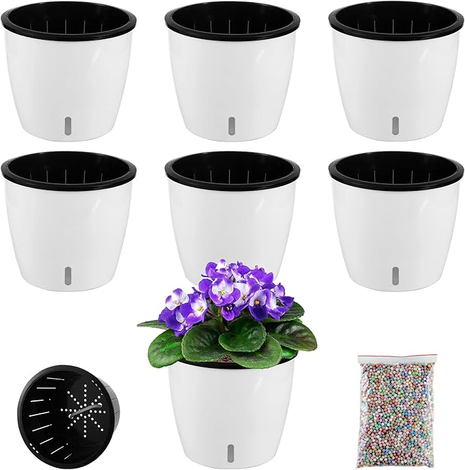 Planterhoma 6.7 Inch Self Watering Pots for Indoor Plants, 6 Packs African Violet Pots with Indicator, Black Wick Pot with Drainage Holes, Self Watering Planters for Orchid, Devil's Ivy, White