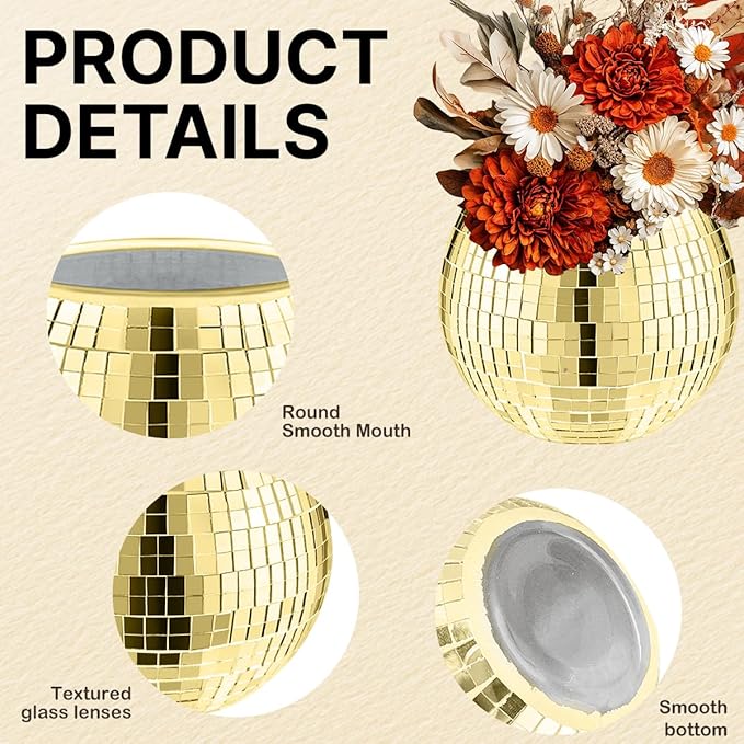 2 Pcs Disco Ball Vase,4.4 x 6 Inch Mirrored Disco Ball Planter,Disco Ball Candle Holders Perfect Disco Decorative Planters for Living Room Bedroom Table Wedding Party Birthday(Gold)