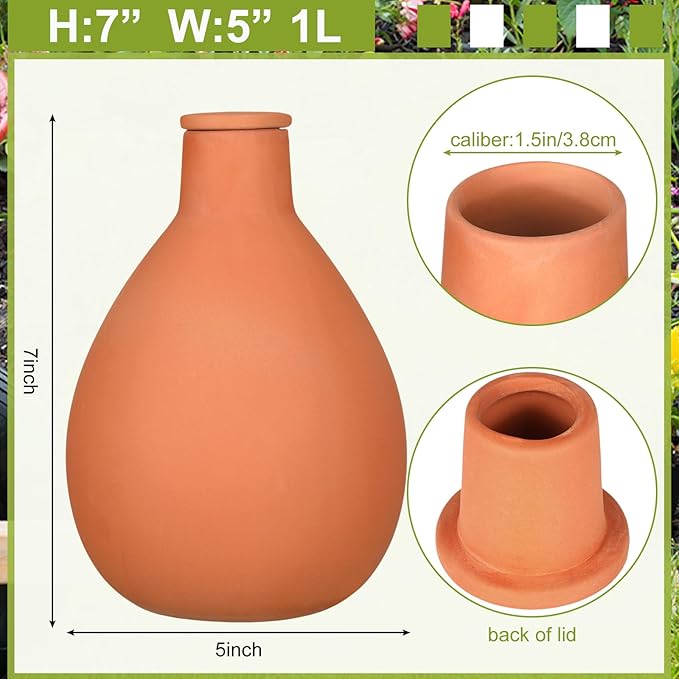 4 Pcs Watering Pots Large Terracotta Watering Pots with Lid 34 oz Terra Cotta Self Watering Pots Water Dripper Automatic Plant Irrigation Devices System for Indoor Outdoor Plants
