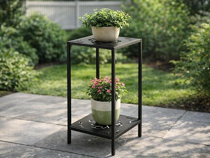Party Zealot 2-Tier Tall Metal Square Plant Stand Heavy-Duty Modern Flower Pot Rack for Indoor Living Room, Corner Side Table for Outdoor Patio, Garden, and Balcony Black, 12" D x 31" H