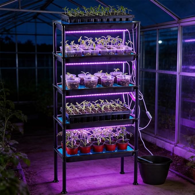 5-Tier Vertical Seed Starter Tray with Grow Light, Ebb and Flow Tidal Special Plant Stand Saucer, Manual Circulation Watering Rack Indoor/Greenhouse, Designed for Seedling Trays, Pots