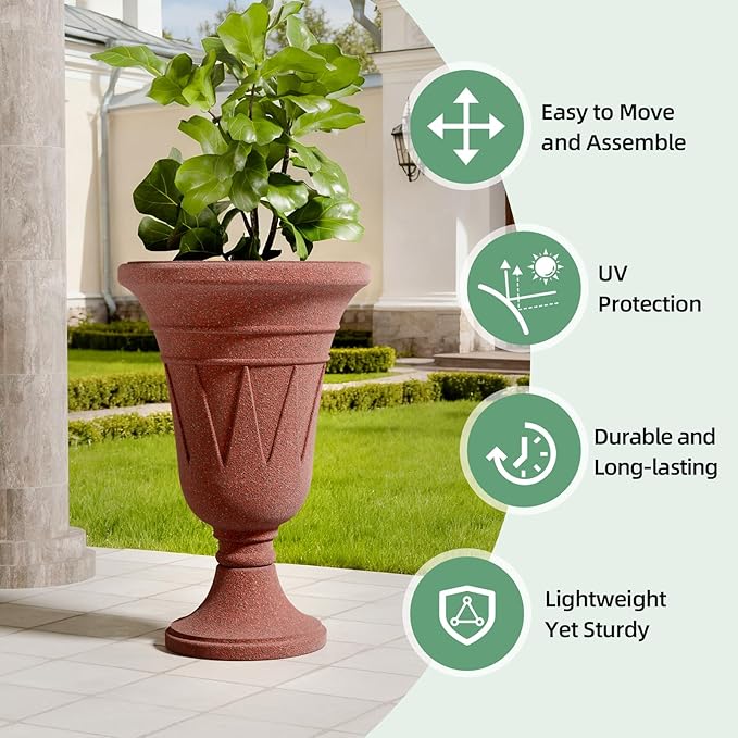 23.6" Tall Plastic Urn Planters for Outdoor Plants with Drainage Holes & Trophy Design, Set of 2 Sturdy Base Classic Indoor Large Flower Pots, Outdoor Planters for Porch/Home, Brick Red/Brown