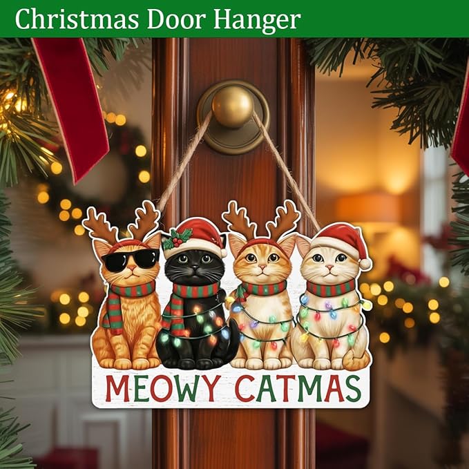 Christmas Cat Gifts Door Hanger for Cat Lover, Meowy Catmas Door Decoration Sign