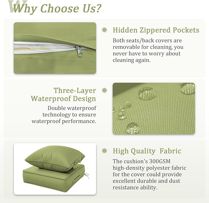 Outdoor Patio Chair Cushions Set 24 L X 24 W X 5 H Waterproof & Fade Resistant Deep Seat and Back Cushions with Removable Covers Outdoor Seat Cushion Set for Chairs and Sofas