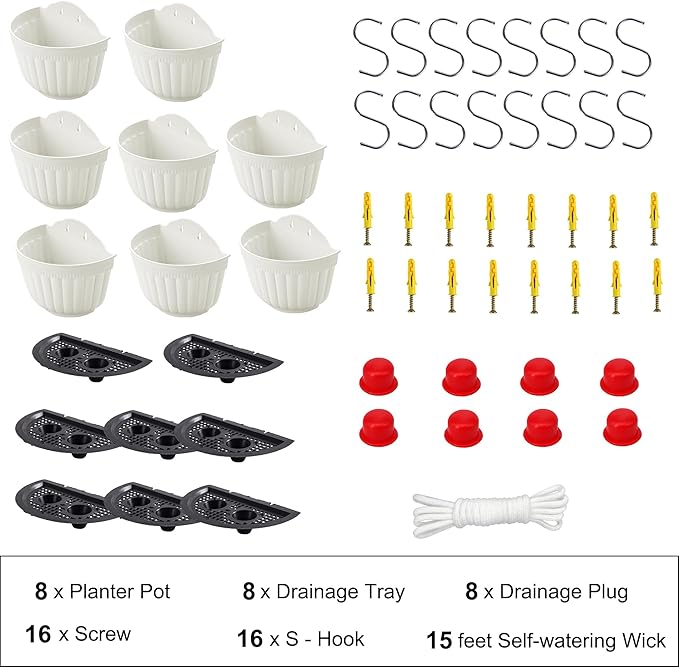 ORIMERC 8 Pack White Wall Hanging Planters Pots for Indoor Plants Wall Plants Holder with Drainage Hole Balcony Planters Railing Hanging Pot Fence Vertical Living Mount Outdoor with Hooks/Screws