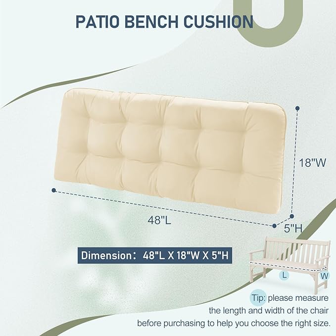 downluxe Outdoor Bench Cushion for Patio Furniture, Waterproof Tufted Overstuffed Porch Swing Cushions, Thick Outdoor Loveseat Cushions, 48" X 18" X 5", Beige, Set of 1