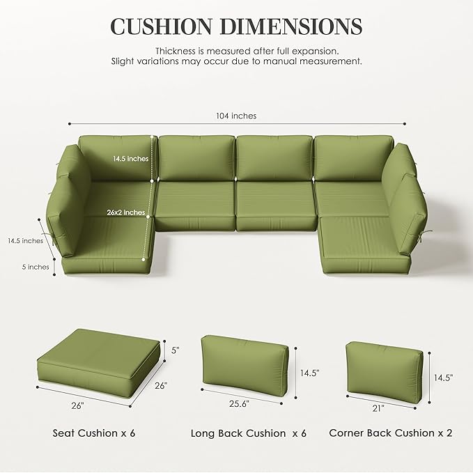 Outdoor Replacement Cushions for Patio Furniture, 5" Foam High-Density, 14-Piece Water-Resistant Outdoor Cushion for 6-Seat Sectional Patio Conversation Sets, Liner&Cover